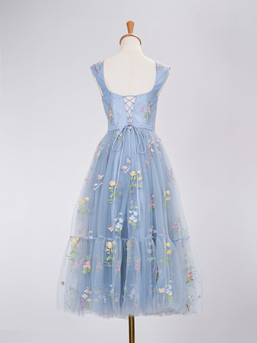 A Line Sweetheart Dusty Blue Long Prom Dress with Embroidery