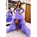 Vestido largo de fiesta de graduación con escote corazón, corte asimétrico y apliques de encaje.