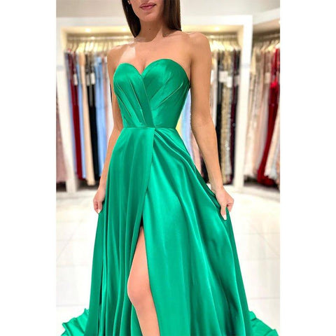 Vestido largo de fiesta formal con escote corazón, abertura alta y pliegues, corte en A 