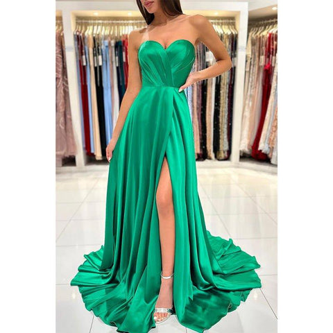 Vestido largo de fiesta formal con escote corazón, abertura alta y pliegues, corte en A 