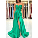 Vestido largo de fiesta formal con escote corazón, abertura alta y pliegues, corte en A 