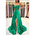 Vestido largo de fiesta formal con escote corazón, abertura alta y pliegues, corte en A 