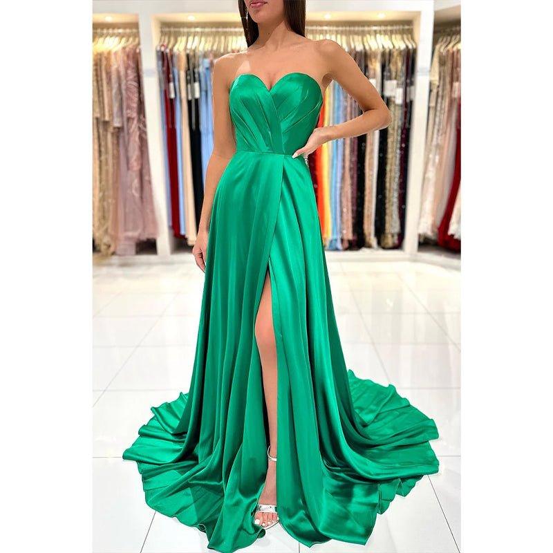 Vestido largo de fiesta formal con escote corazón, abertura alta y pliegues, corte en A 