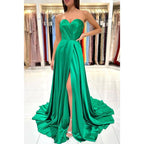 Vestido largo de fiesta formal con escote corazón, abertura alta y pliegues, corte en A 