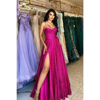 Vestido de fiesta de graduación brillante con escote corazón y abertura alta, corte en A 