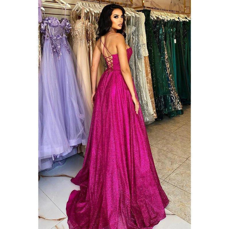 Vestido de fiesta de graduación brillante con escote corazón y abertura alta, corte en A 