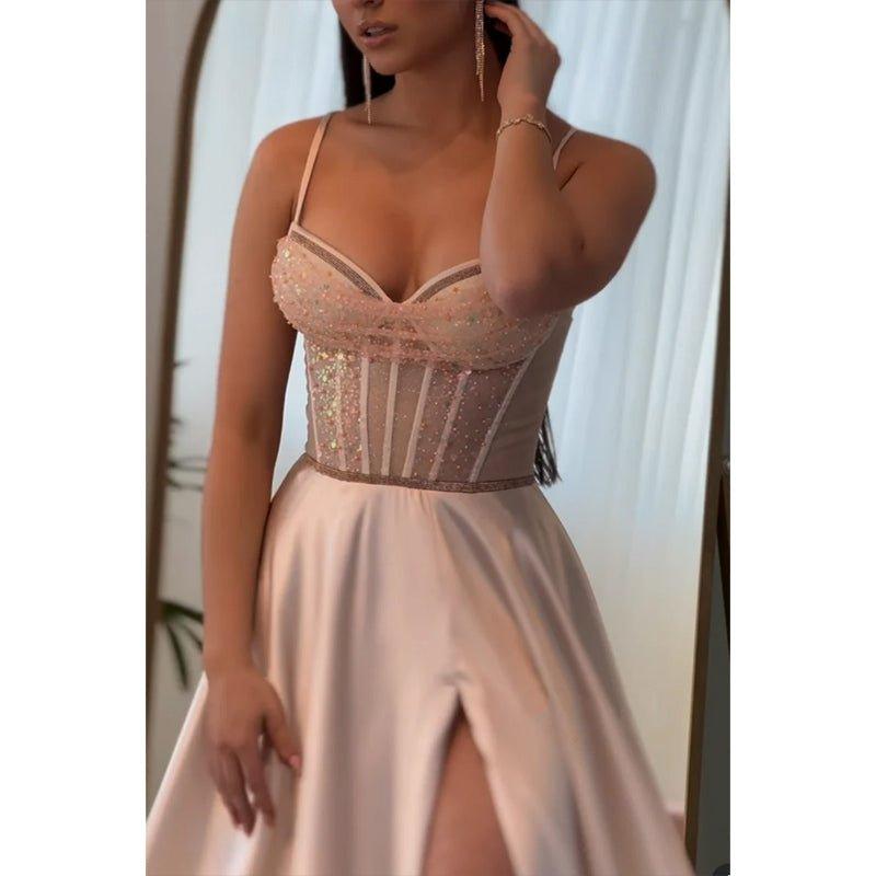 Vestido de fiesta de noche con escote corazón, corte imperio ilusión y abertura lateral 