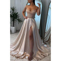 Vestido de fiesta de noche con escote corazón, corte imperio ilusión y abertura lateral 
