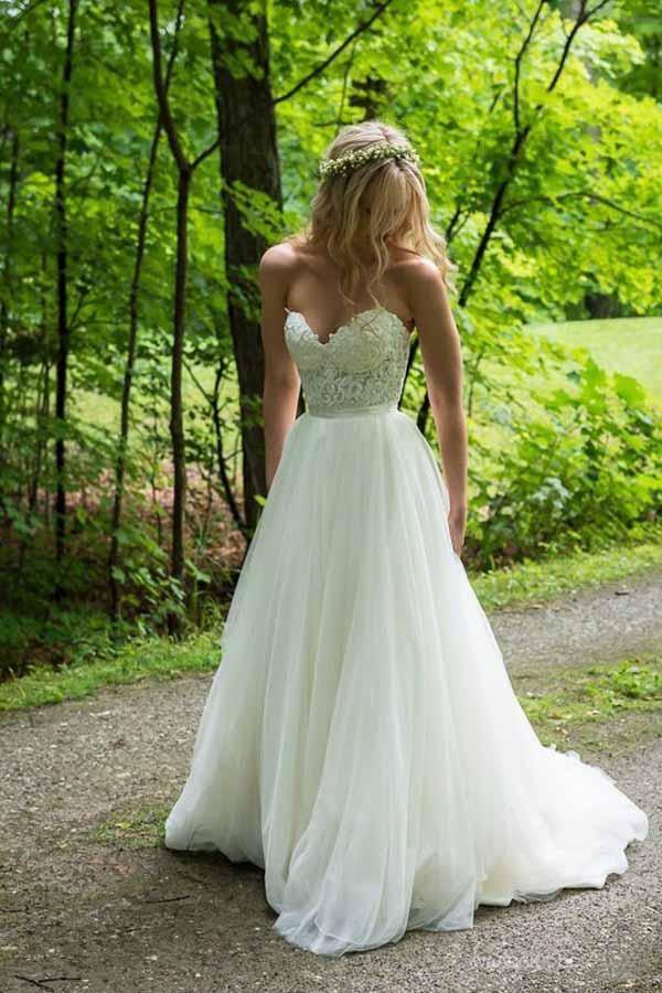 Vestidos de novia corte A, escote corazón, color marfil con apliques de encaje WD392