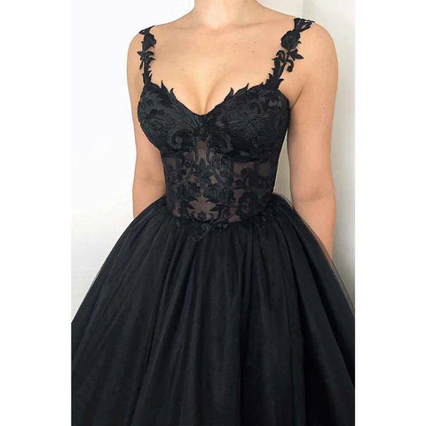 Vestidos de noche formales negros elegantes con escote corazón y apliques de encaje, corte en A 