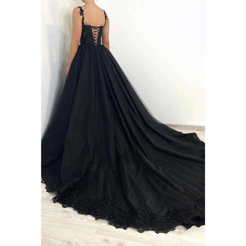 Vestidos de noche formales negros elegantes con escote corazón y apliques de encaje, corte en A 