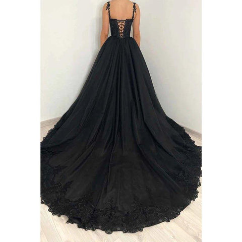 Vestidos de noche formales negros elegantes con escote corazón y apliques de encaje, corte en A 