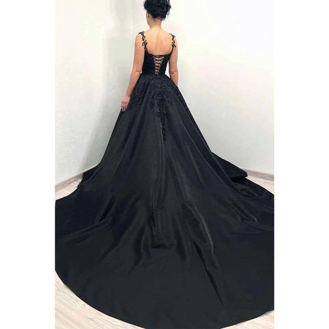 Vestidos de noche formales negros elegantes con escote corazón y apliques de encaje, corte en A 