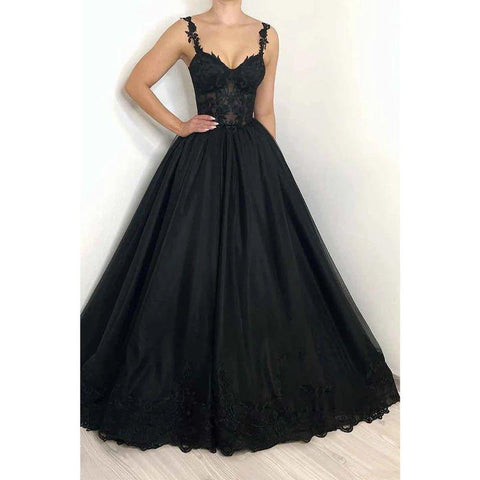 Vestidos de noche formales negros elegantes con escote corazón y apliques de encaje, corte en A 