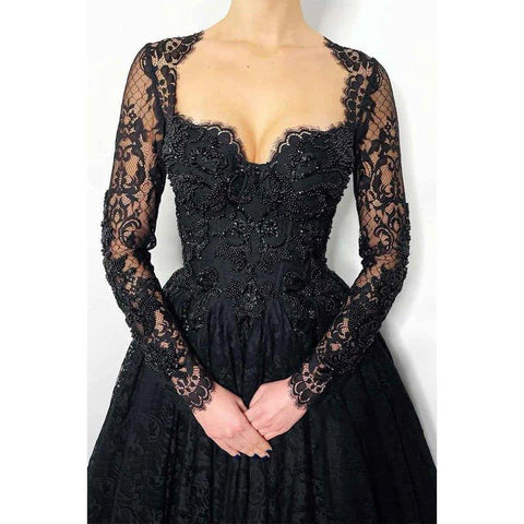 Vestido de noche elegante y formal, negro, con escote corazón, manga larga, encaje y cuentas. 
