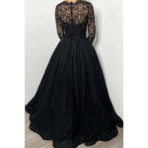 Vestido de noche elegante y formal, negro, con escote corazón, manga larga, encaje y cuentas. 