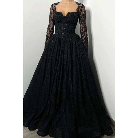 Vestido de noche elegante y formal, negro, con escote corazón, manga larga, encaje y cuentas. 