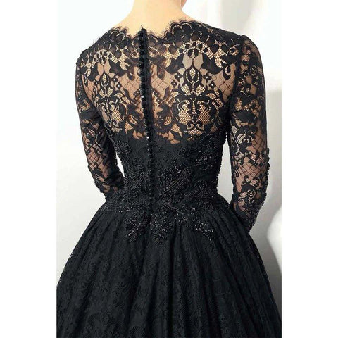 Vestido de noche elegante y formal, negro, con escote corazón, manga larga, encaje y cuentas. 