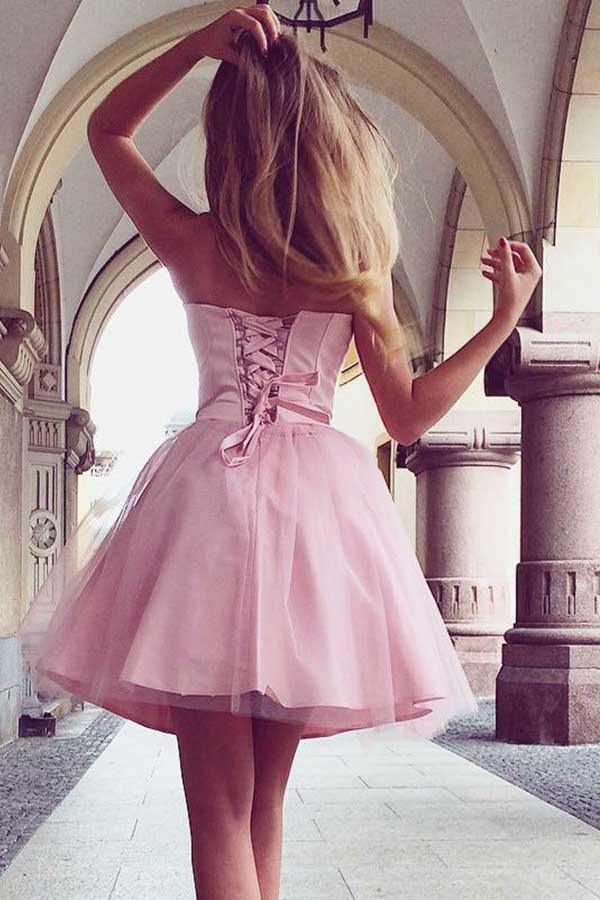 Vestido corto de tul rosa con escote corazón y cordones, corte en A, para baile de bienvenida PD199