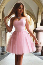 Vestido corto de tul rosa con escote corazón y cordones, corte en A, para baile de bienvenida PD199