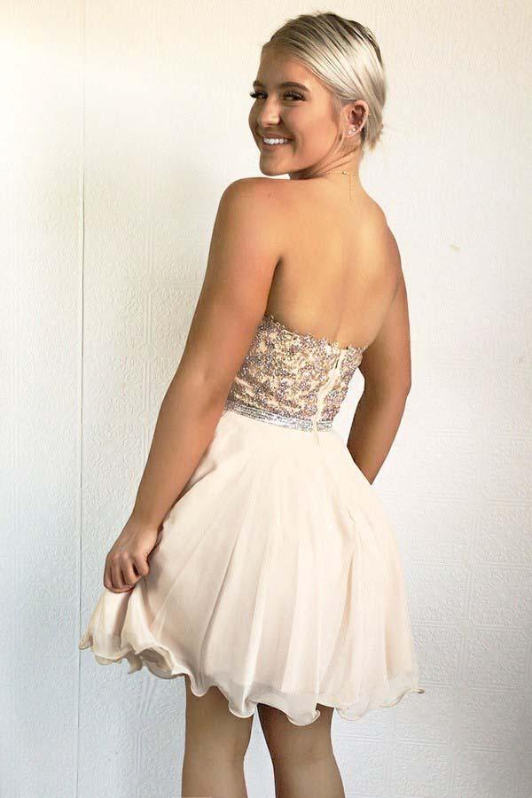 Vestido de fiesta de bienvenida corte A, escote corazón, gasa rosa perla con pedrería PD029