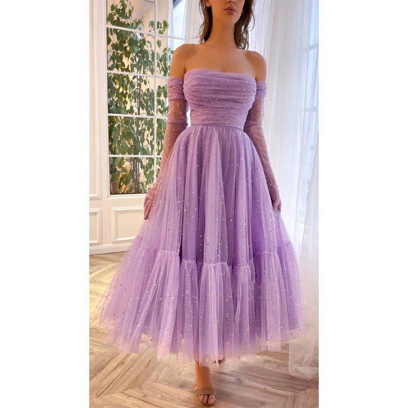 Vestido de graduación vintage de corte línea A con escote corazón, pliegues y mangas largas
