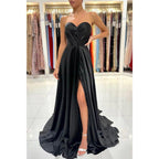 Vestidos de noche largos negros de gala con escote corazón, pliegues y abertura lateral, corte en A 