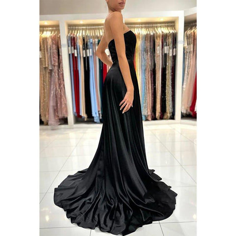 Vestidos de noche largos negros de gala con escote corazón, pliegues y abertura lateral, corte en A 