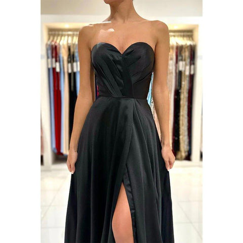 Vestidos de noche largos negros de gala con escote corazón, pliegues y abertura lateral, corte en A 