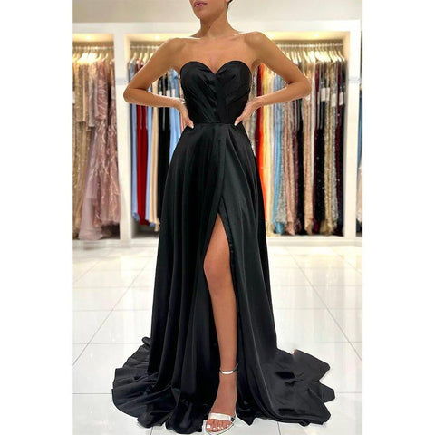 Vestidos de noche largos negros de gala con escote corazón, pliegues y abertura lateral, corte en A 