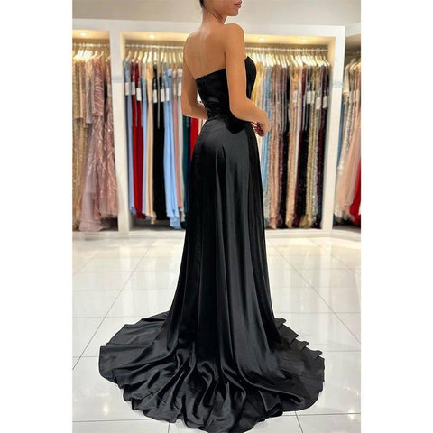 Vestidos de noche largos negros de gala con escote corazón, pliegues y abertura lateral, corte en A 
