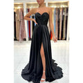 Vestidos de noche largos negros de gala con escote corazón, pliegues y abertura lateral, corte en A 