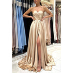 Vestido largo de fiesta formal con escote corazón, pliegues y abertura lateral, corte en A 