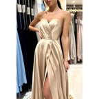 Vestido largo de fiesta formal con escote corazón, pliegues y abertura lateral, corte en A 