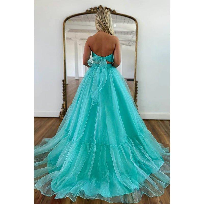 Vestido largo de fiesta de graduación de dos piezas con escote corazón y pliegues, corte en A.