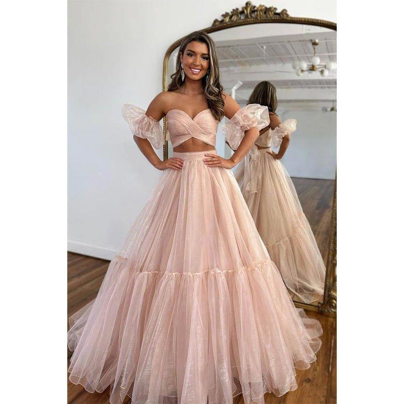Vestido largo de fiesta de graduación de dos piezas con escote corazón y pliegues, corte en A.