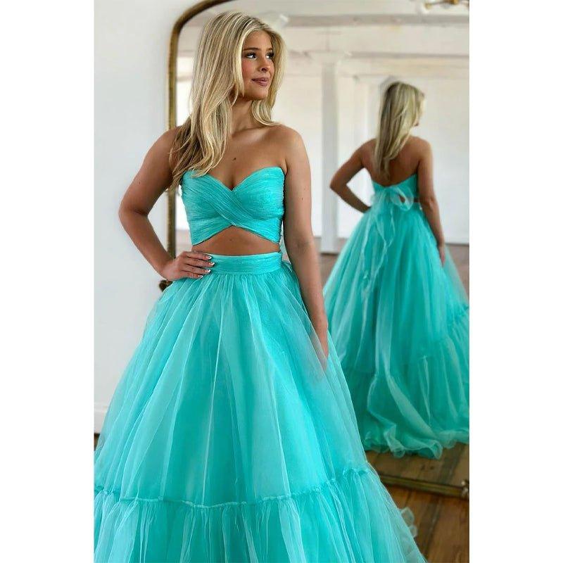 Vestido largo de fiesta de graduación de dos piezas con escote corazón y pliegues, corte en A.