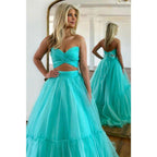 Vestido largo de fiesta de graduación de dos piezas con escote corazón y pliegues, corte en A.