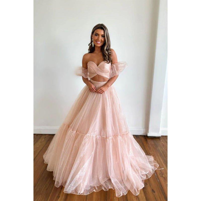Vestido largo de fiesta de graduación de dos piezas con escote corazón y pliegues, corte en A.