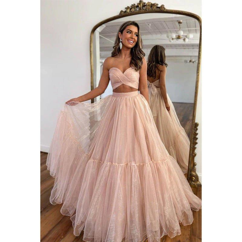 Vestido largo de fiesta de graduación de dos piezas con escote corazón y pliegues, corte en A.