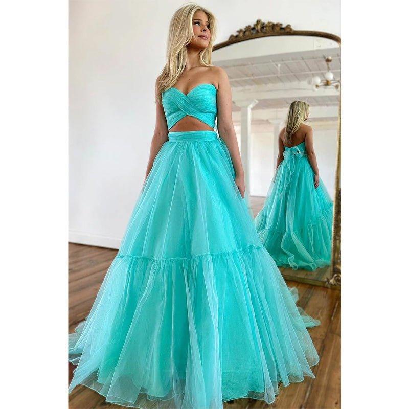 Vestido largo de fiesta de graduación de dos piezas con escote corazón y pliegues, corte en A.