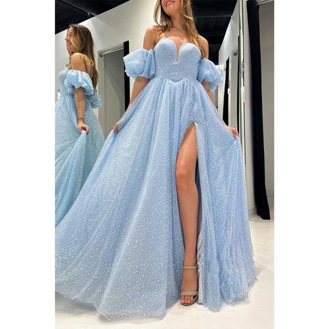 Vestido de fiesta de noche con escote corazón, mangas abullonadas y abertura lateral, corte en A. 