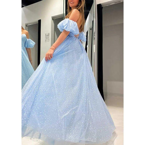 Vestido de fiesta de noche con escote corazón, mangas abullonadas y abertura lateral, corte en A. 
