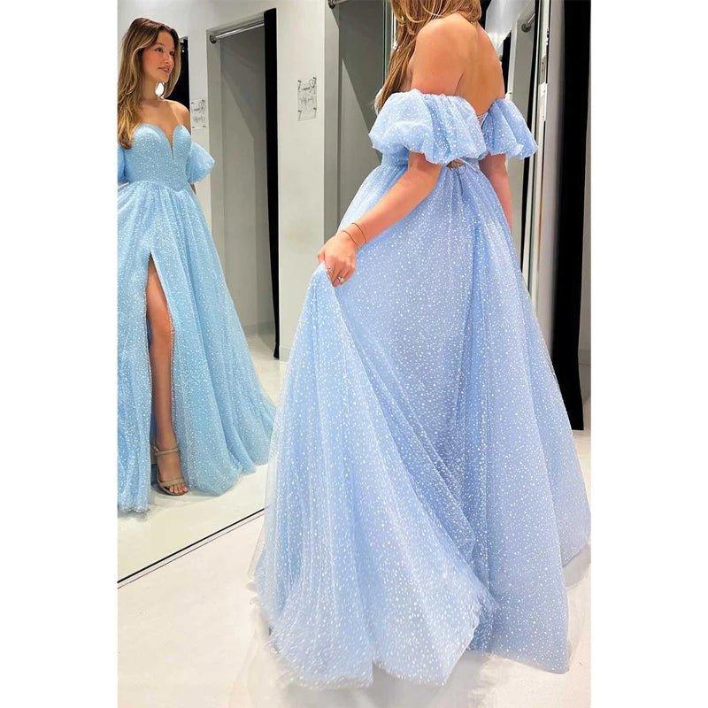Vestido de fiesta de noche con escote corazón, mangas abullonadas y abertura lateral, corte en A. 