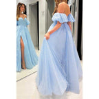 Vestido de fiesta de noche con escote corazón, mangas abullonadas y abertura lateral, corte en A. 