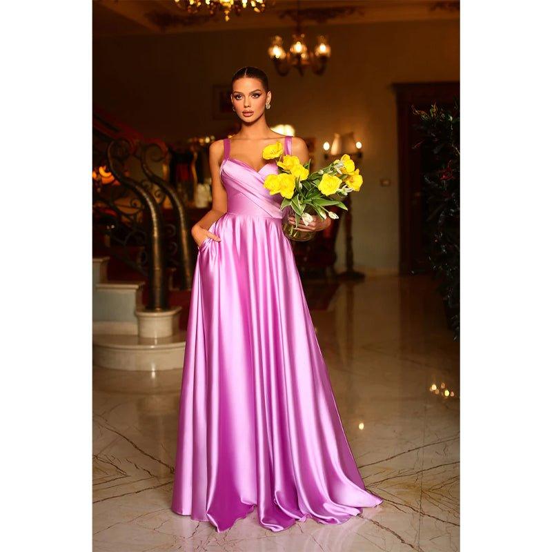 Vestido largo de fiesta formal de satén plisado con escote corazón y corte en A, con bolsillos 