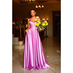 Vestido largo de fiesta formal de satén plisado con escote corazón y corte en A, con bolsillos 