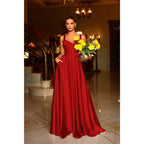 Vestido largo de fiesta formal de satén plisado con escote corazón y corte en A, con bolsillos 
