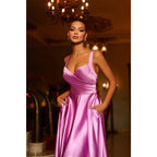 Vestido largo de fiesta formal de satén plisado con escote corazón y corte en A, con bolsillos 
