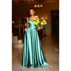 Vestido largo de fiesta formal de satén plisado con escote corazón y corte en A, con bolsillos 